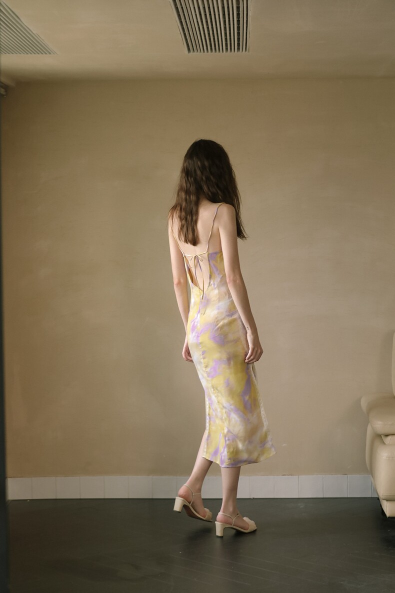 Yellow Purple Watercolor Cowl Neck Slip Dress