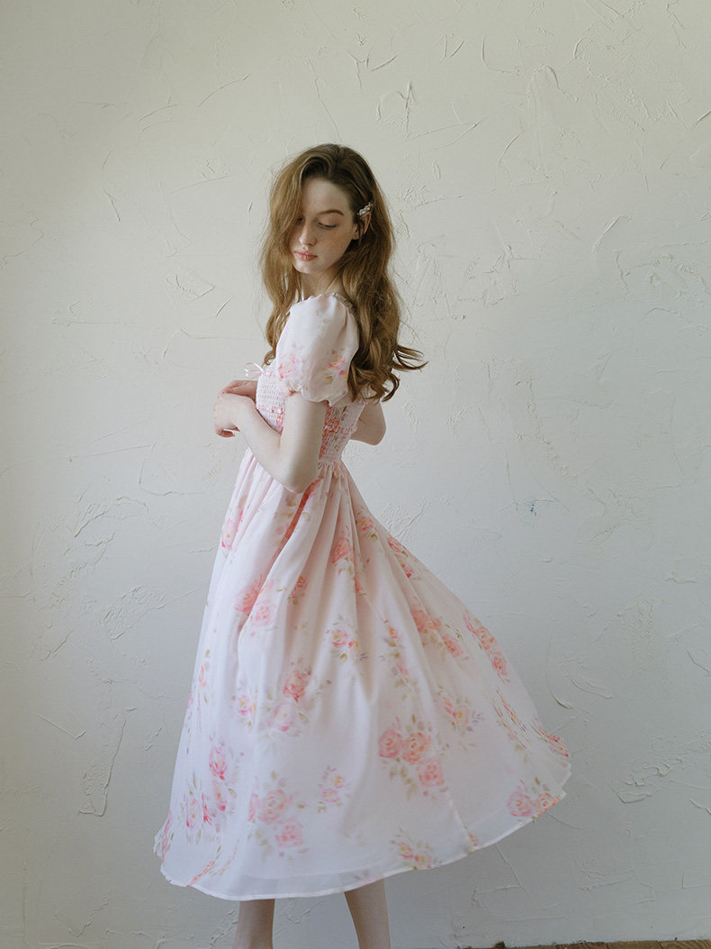 Pink Floral Puff Sleeve High Waist Midi Dress