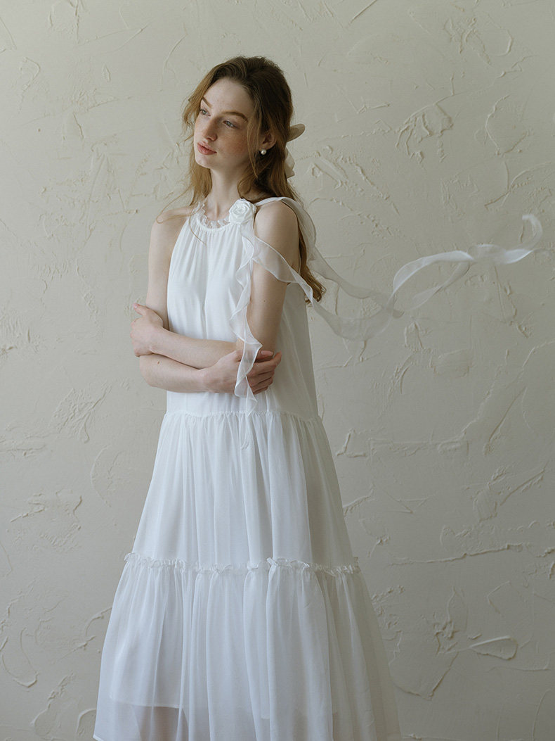Buy White Halter Chiffon Dress Rose Ruffle Tiered Midi Dress - Megustas
