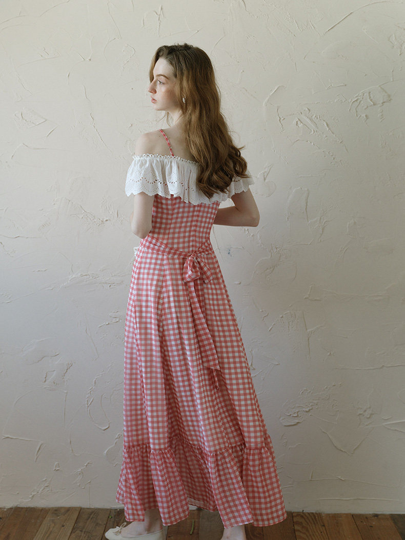 Buy Red Gingham Off-Shoulder Dress Lace Ruffle Vintage - Megustas