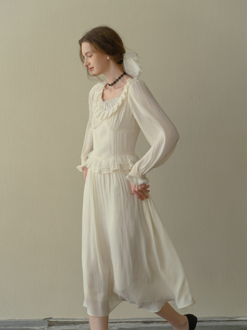 Buy Vintage Ruffled Midi Dress Lace Patchwork French Tea Dress - Megustas