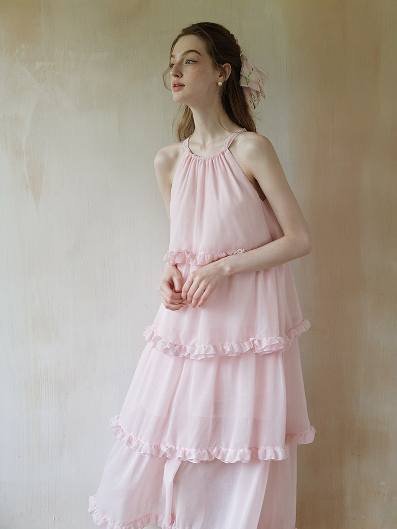 Buy Light Pink Ruffle Tiered Maxi Dress, Sleeveless Halter Dress - Megustas