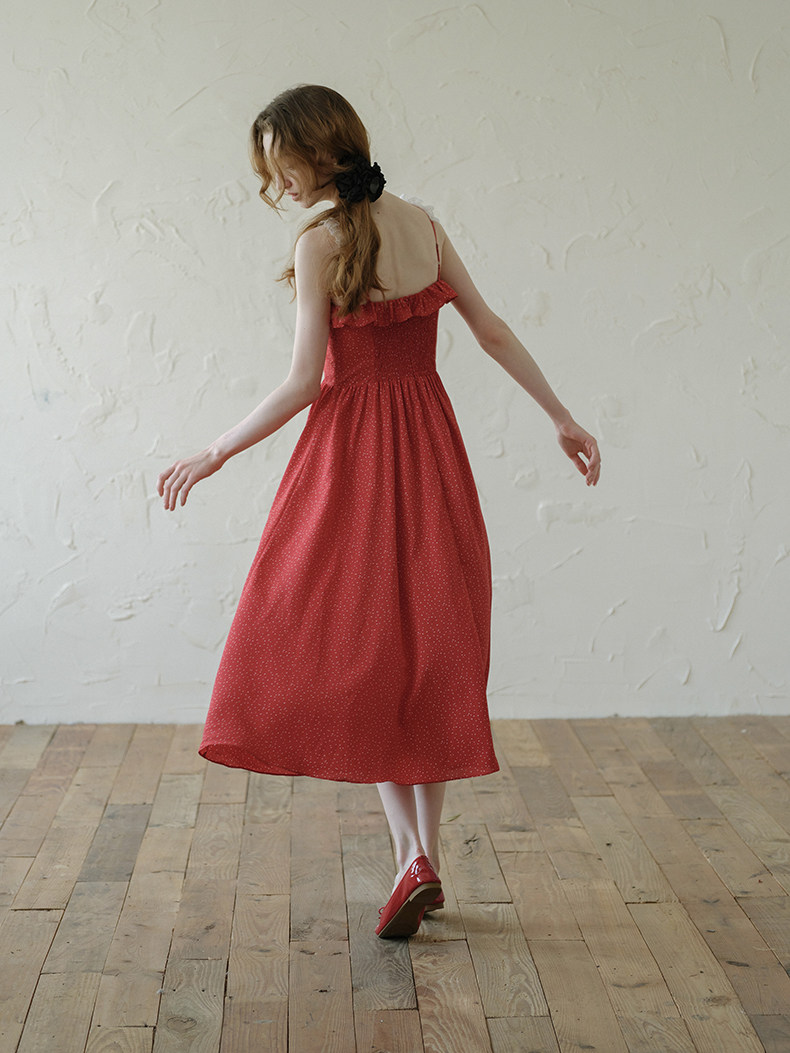 Buy French Retro Red Polka Dot Lace Dress  - Megustas