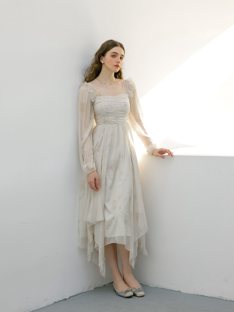 Buy Romantic Cream Sheer Layered Dress - Megustas