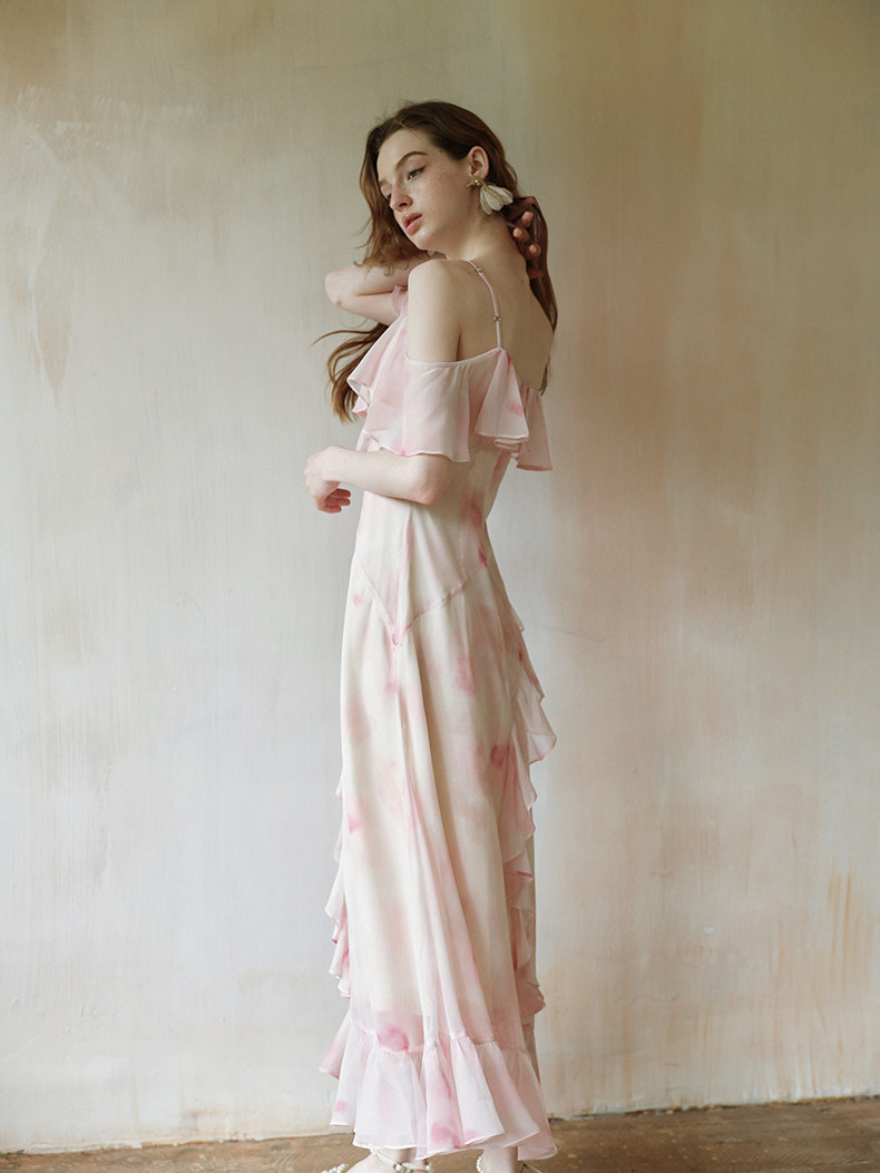 Pink Watercolor Ruffle Slip Dress
