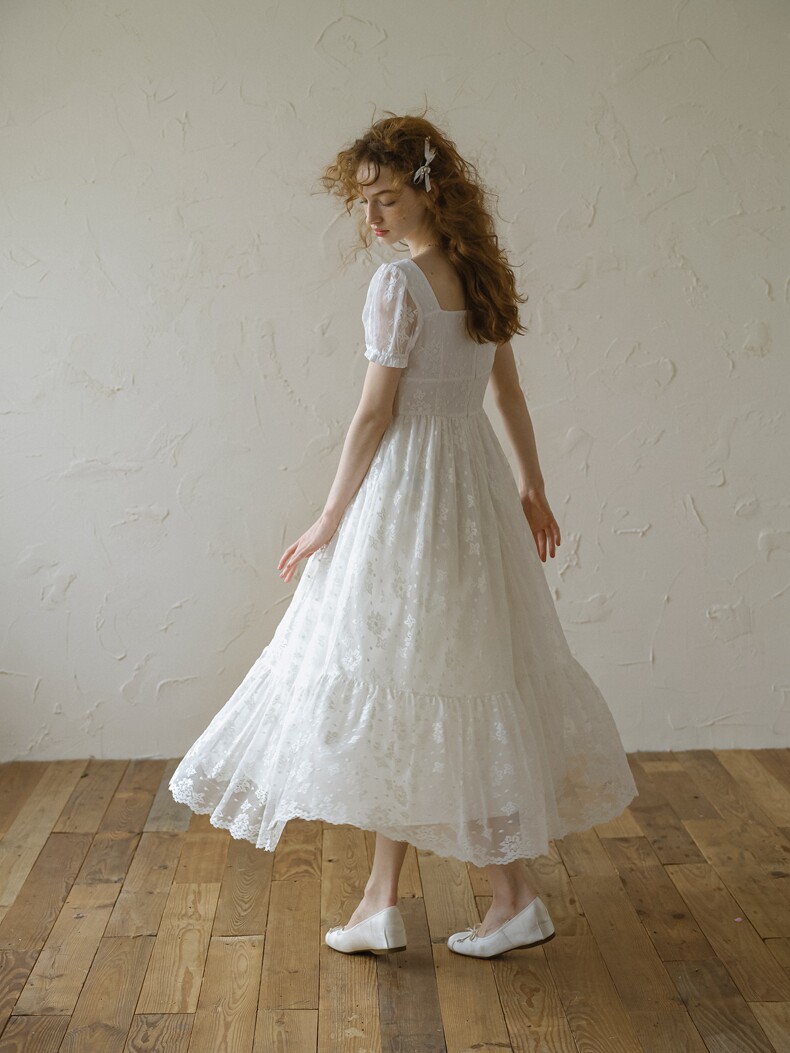 Buy Vintage White Lace Dress, Puff Sleeve A-Line Midi Dress - Megustas