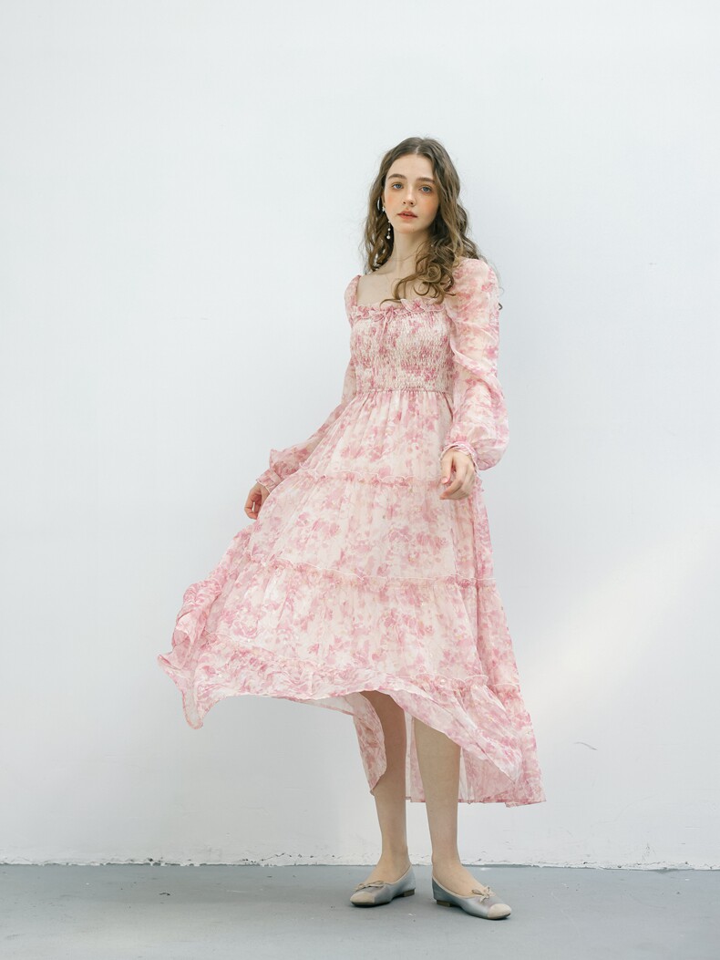 Floral Long Sleeve Tiered Chiffon Dress