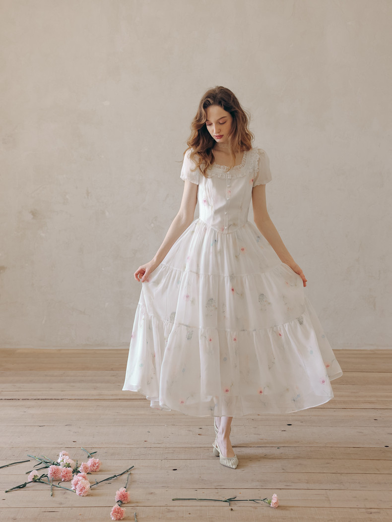 Lace Collar Puff Sleeve Tiered White Dress