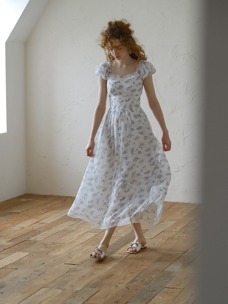 White Blue Floral Tiered Ruffle Dress