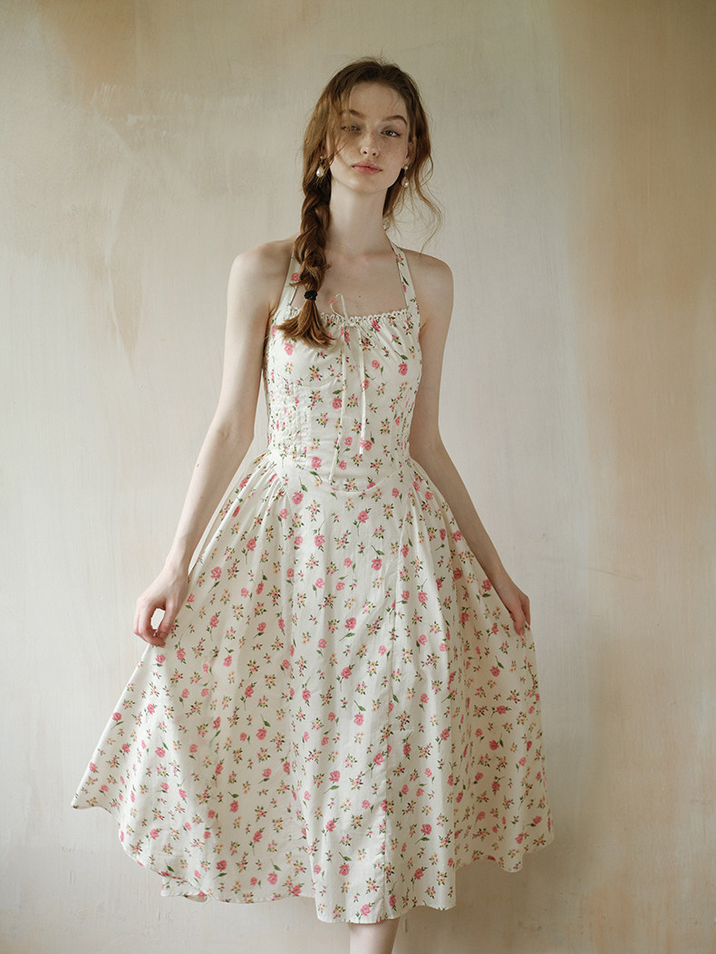 Pink Floral Waisted Halter Midi Dress