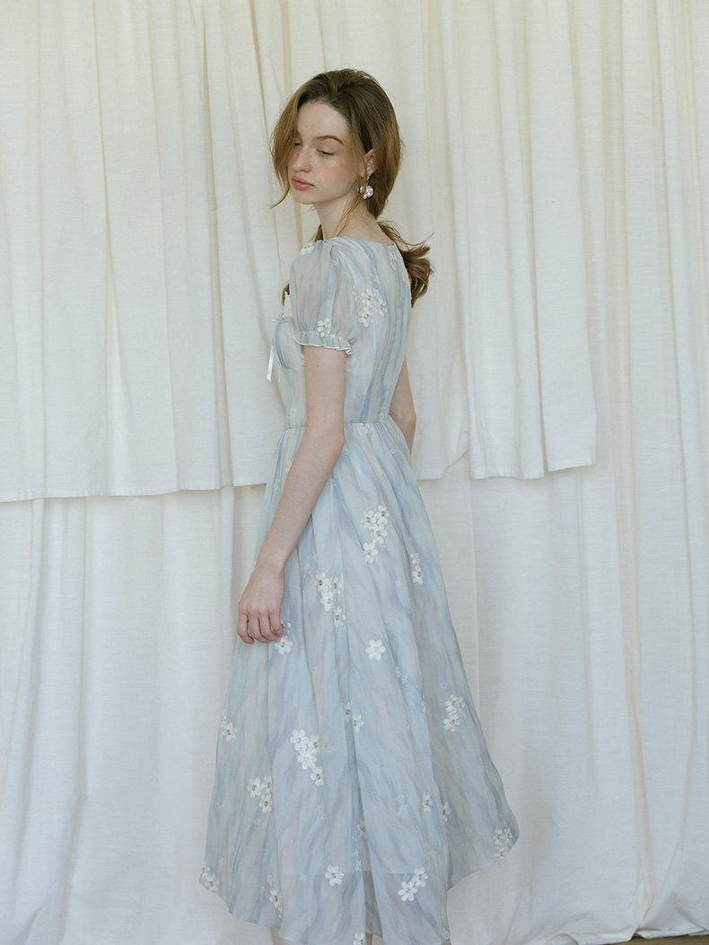 Lace Square Neck Puff Sleeve Blue Floral Dress