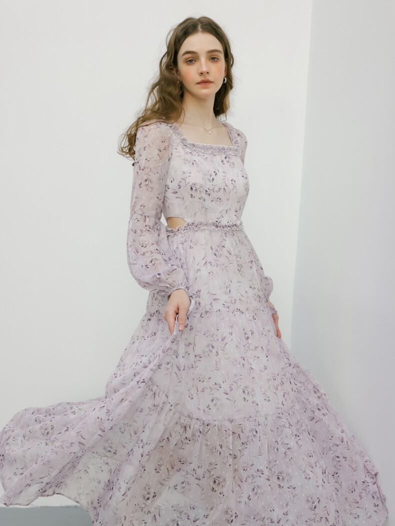 Long Sleeve Ruffle Trim Tiered Floral Dress