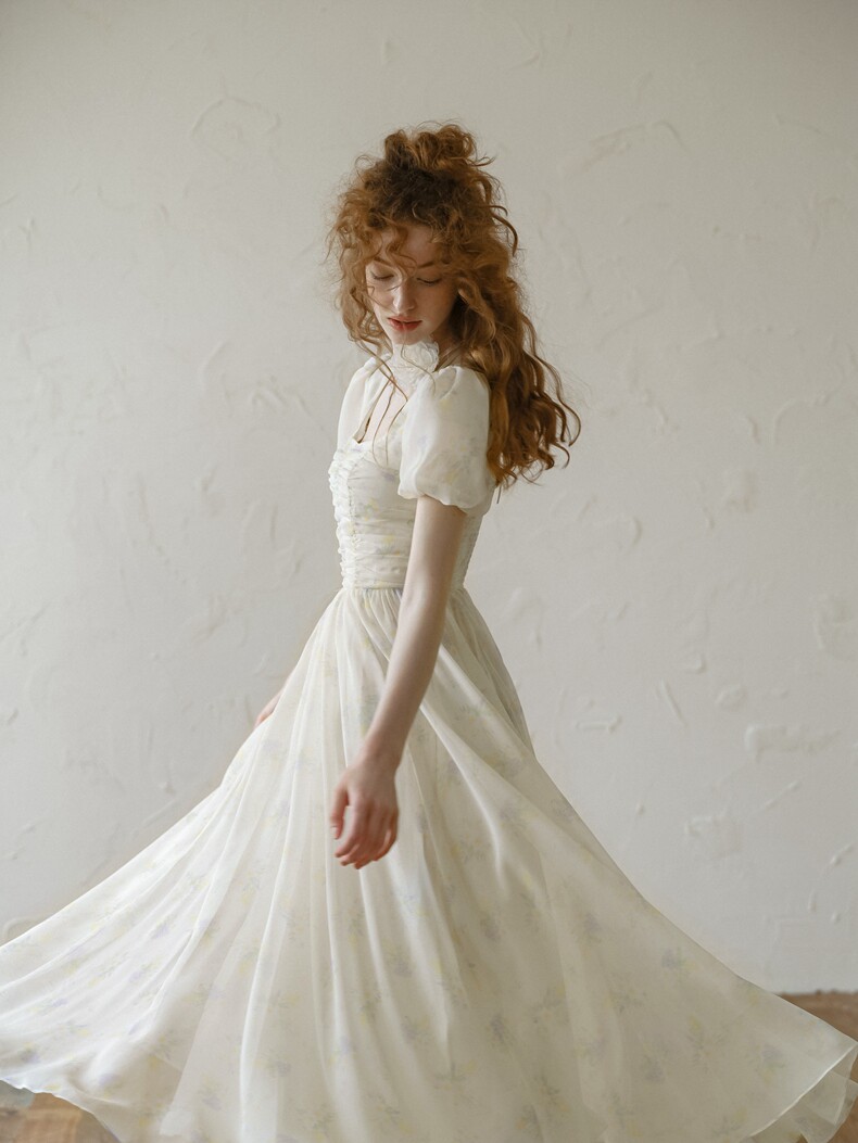 Square Neck Smocked Puff Sleeve Cream Dress