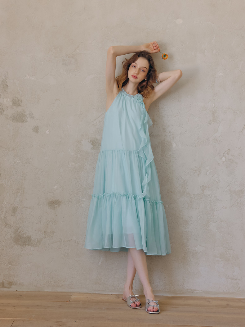 Light Blue Sleeveless Tiered Chiffon Dress
