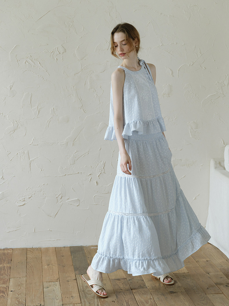 Light Blue Halter Ruffle Top Tiered Skirt Set