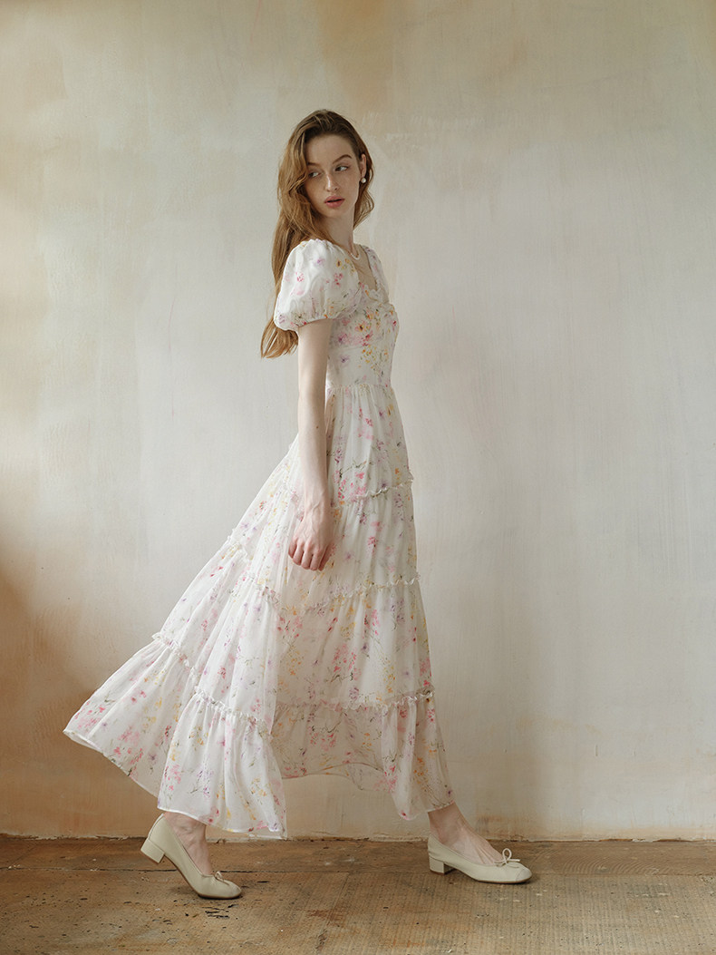 White Floral Puff Sleeve Tiered Maxi Dress