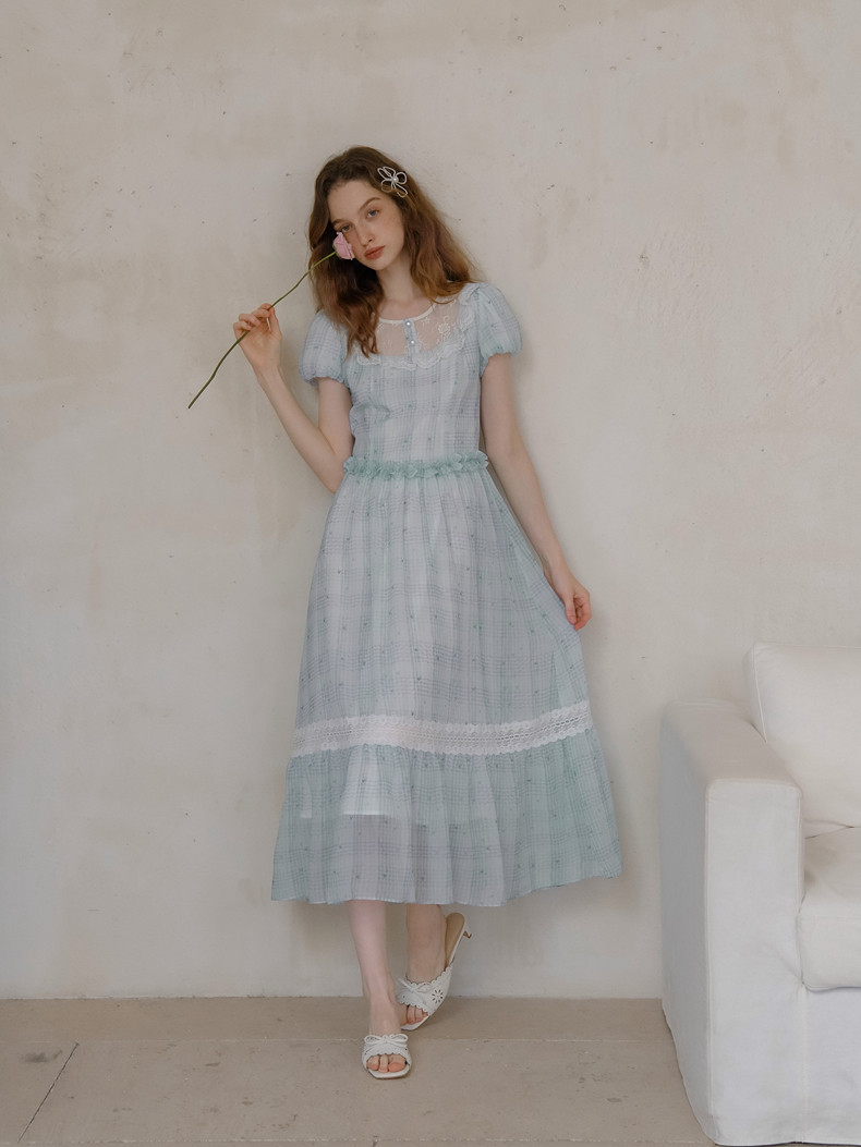 Light Blue Plaid Lace Neck Puff Sleeve Dress