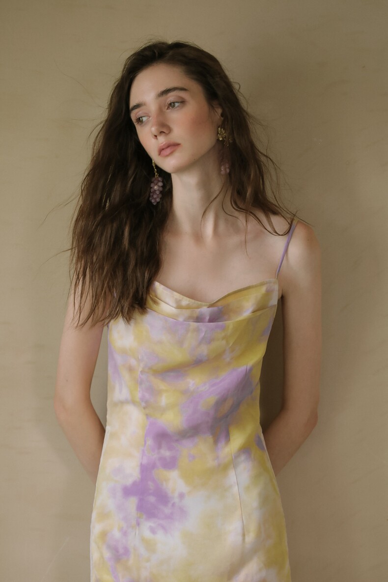 Yellow Purple Watercolor Cowl Neck Slip Dress