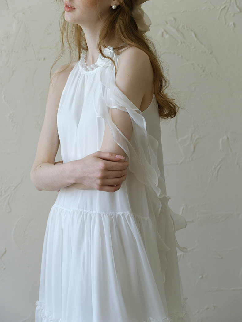 Buy White Halter Chiffon Dress Rose Ruffle Tiered Midi Dress - Megustas