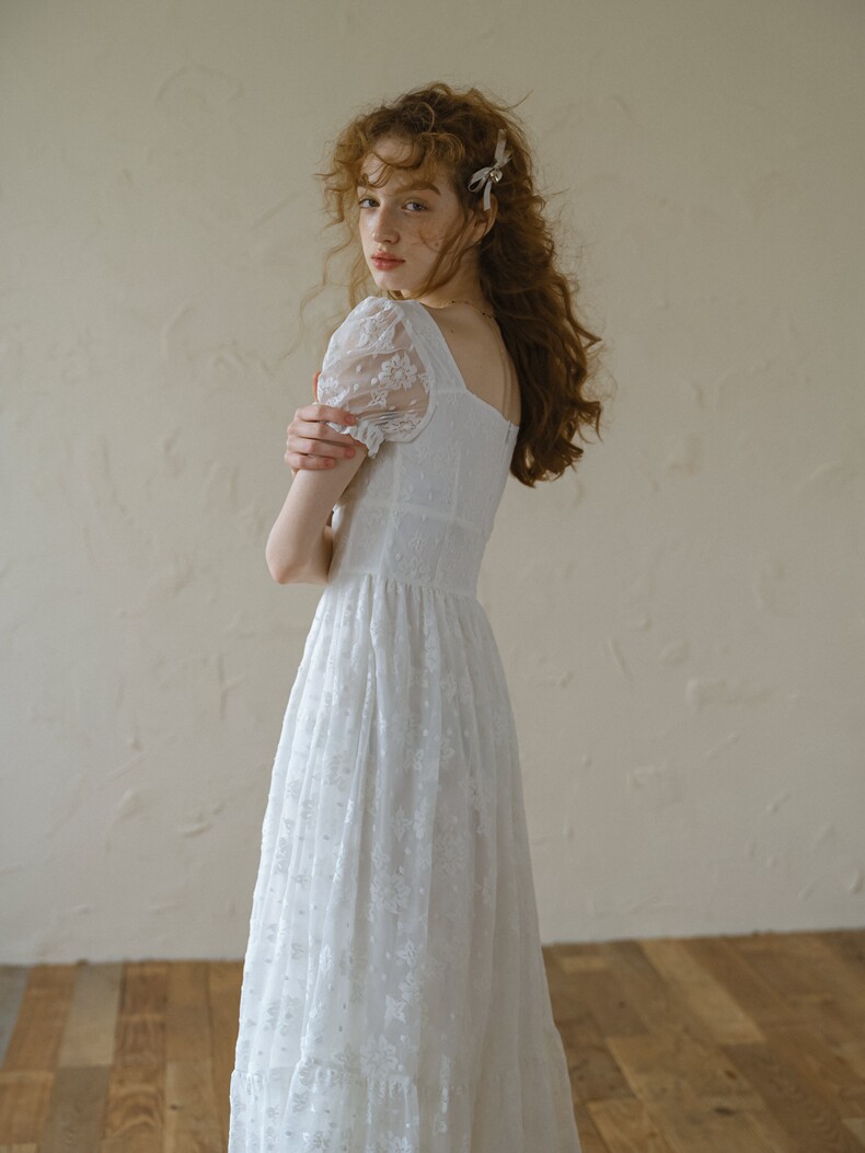 Buy Vintage White Lace Dress, Puff Sleeve A-Line Midi Dress - Megustas