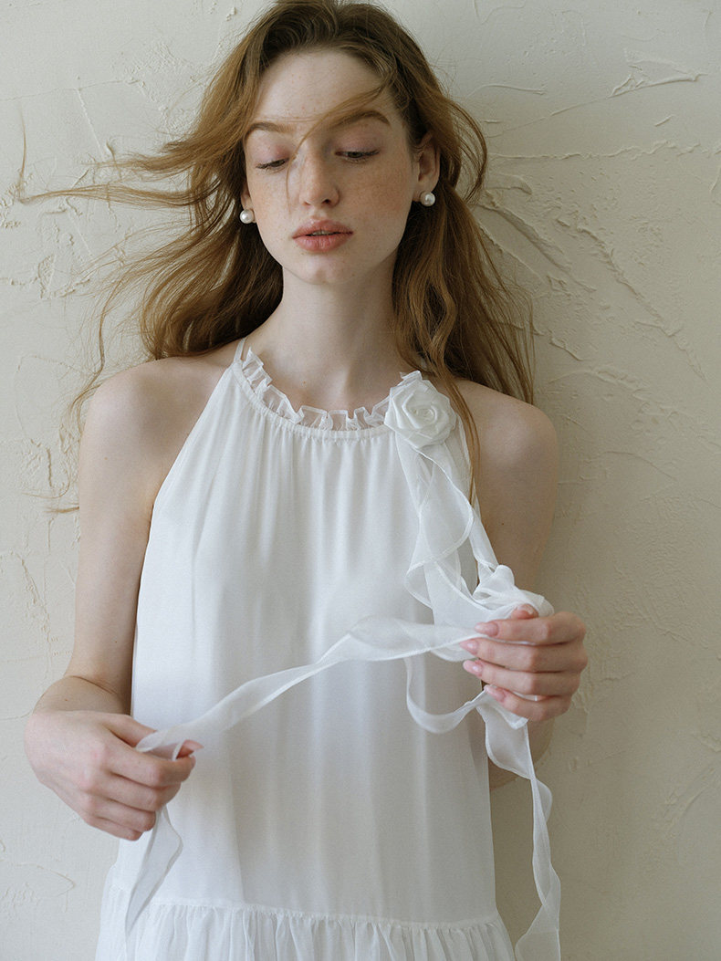 Buy White Halter Chiffon Dress Rose Ruffle Tiered Midi Dress - Megustas