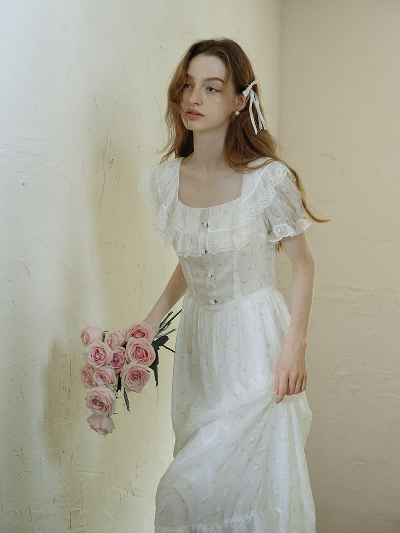Buy French Retro White Floral Dress - Megustas