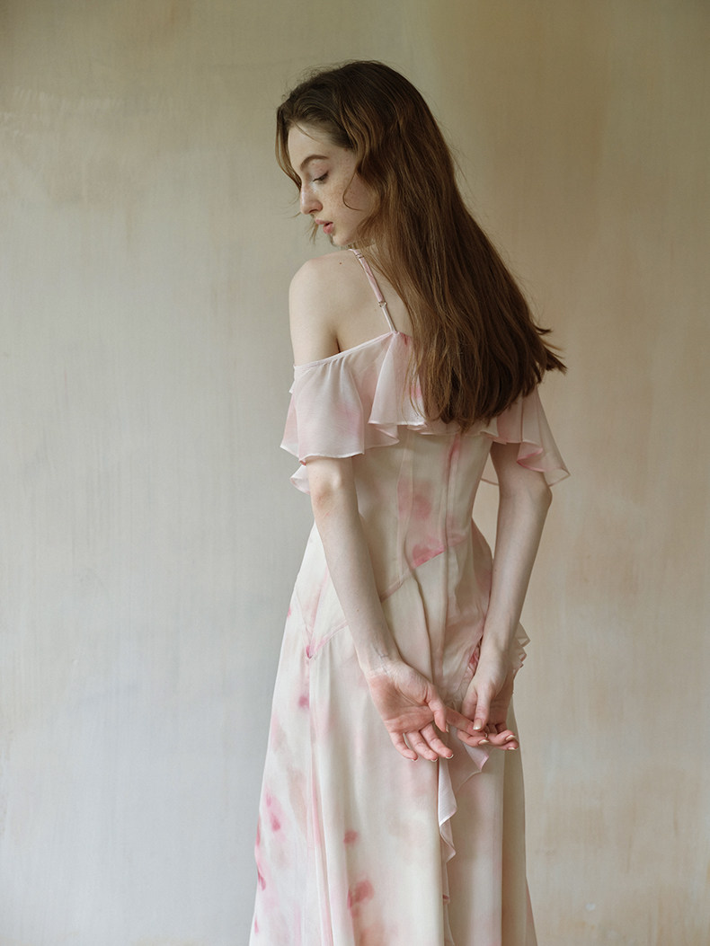 Pink Watercolor Ruffle Slip Dress
