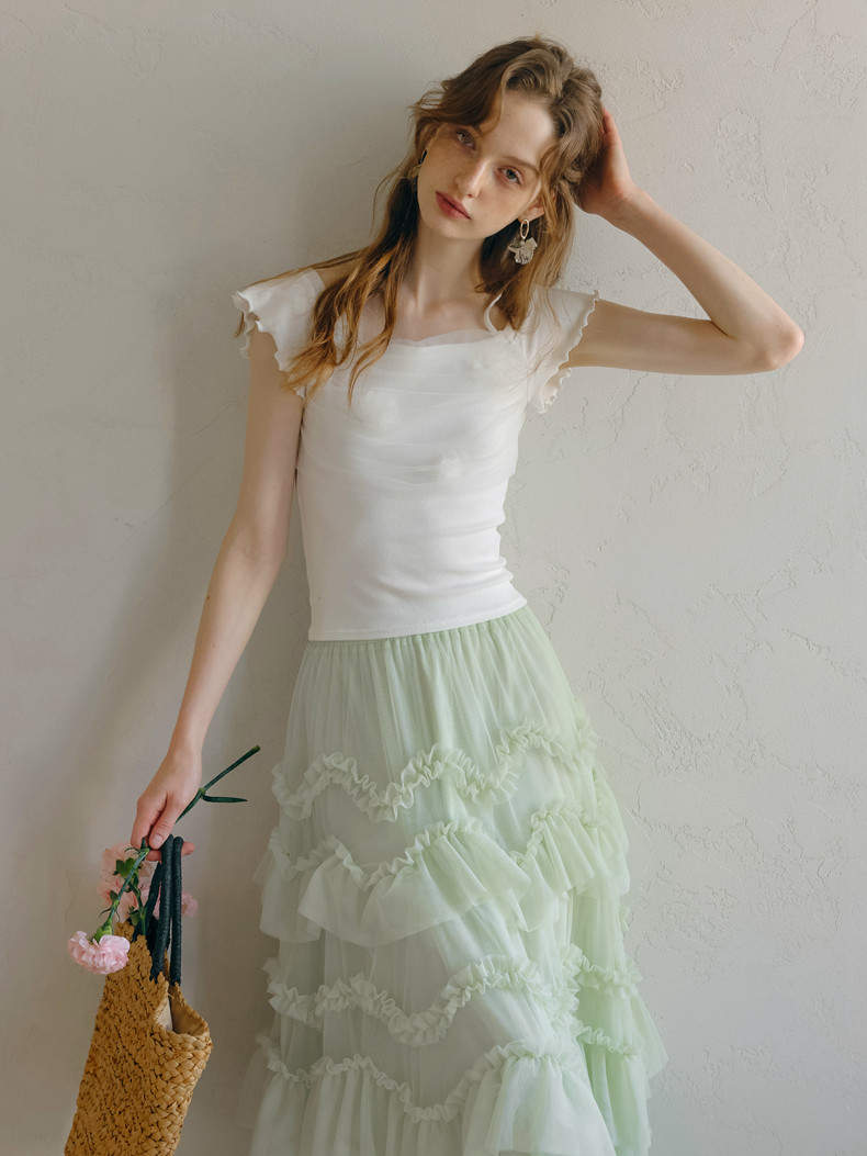 White Halter Off-Shoulder 3D Flower Short Sleeve Top