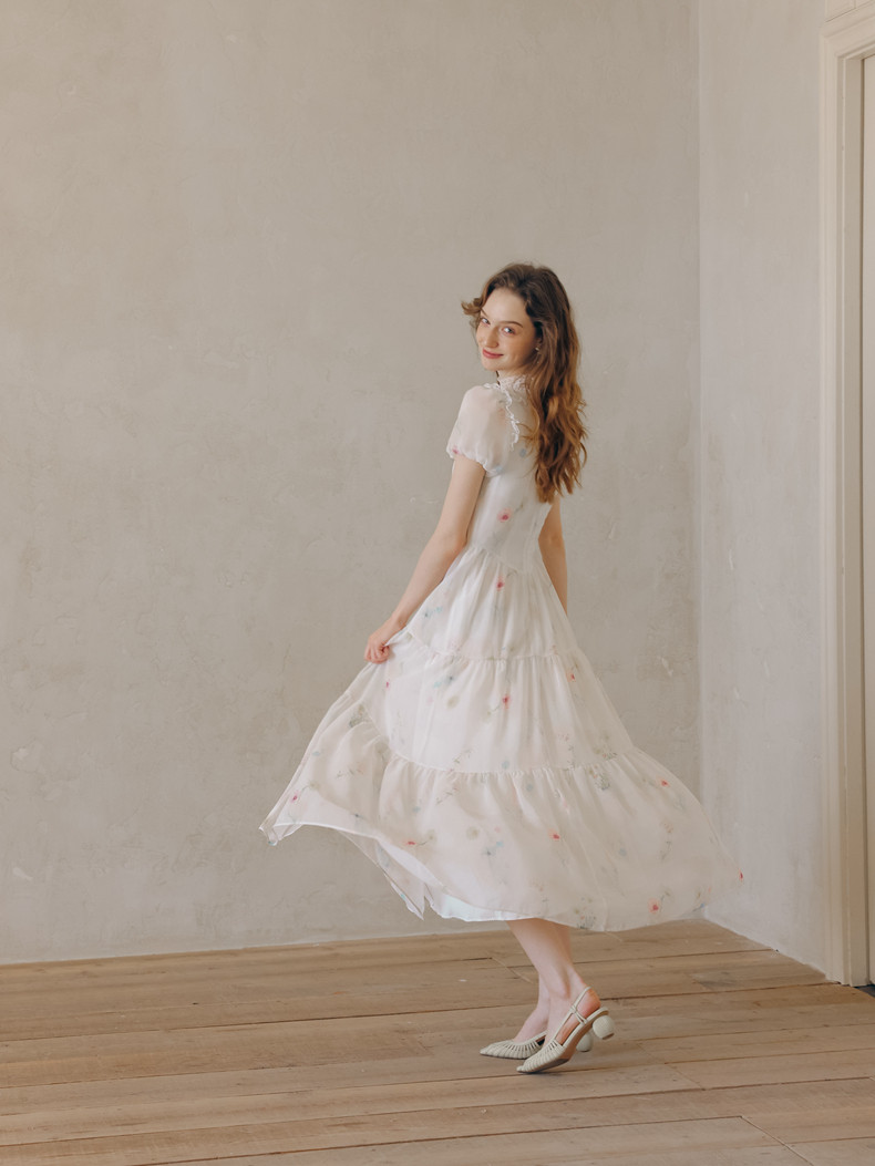 Lace Collar Puff Sleeve Tiered White Dress