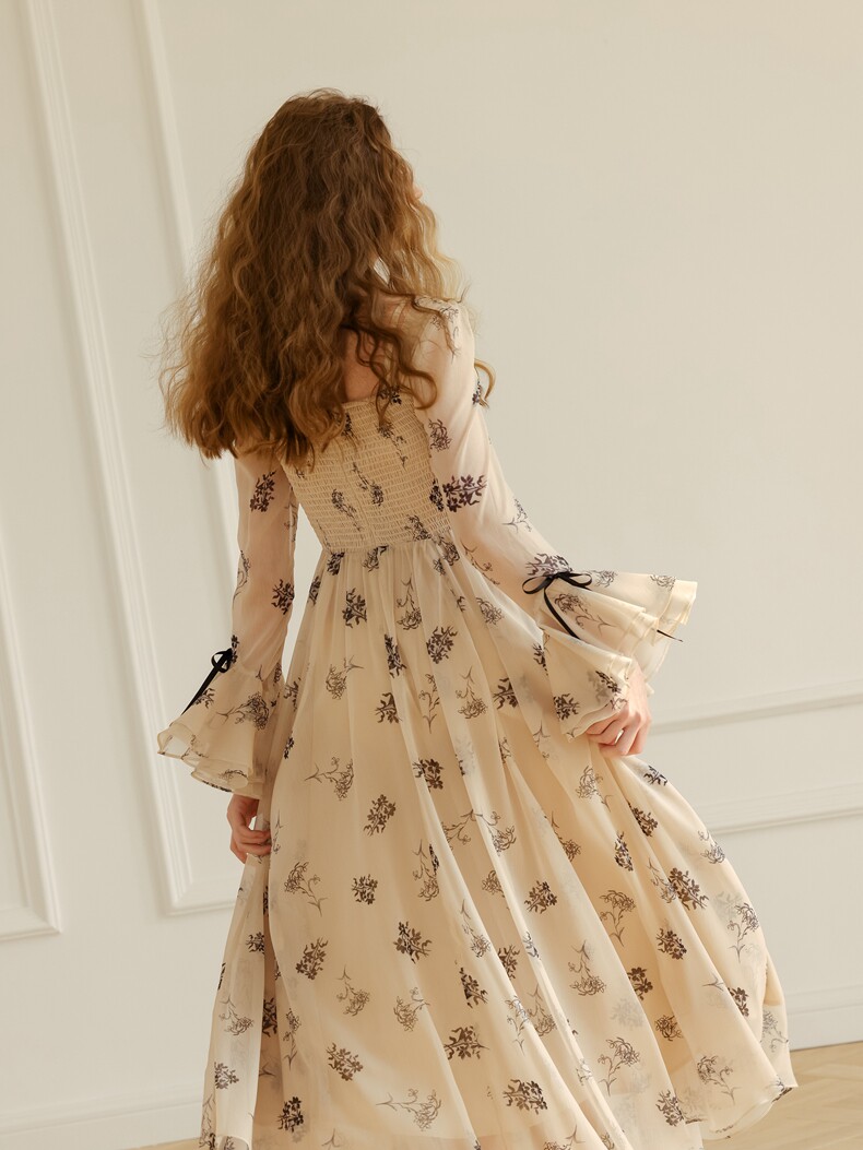 Beige Floral Sheer Sleeve High Waist Dress