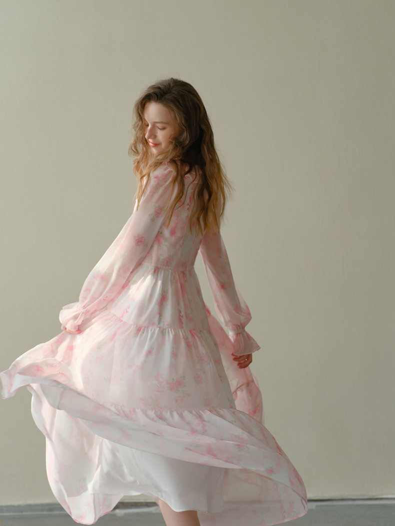 Pink Floral Sheer Sleeve Tiered Maxi