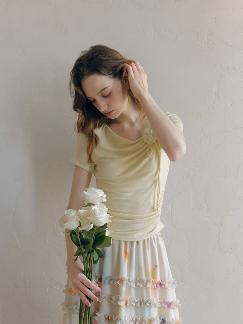 Buy Light Yellow Short-Sleeved Woman's T-shirt Decorated With Roses - Megustas