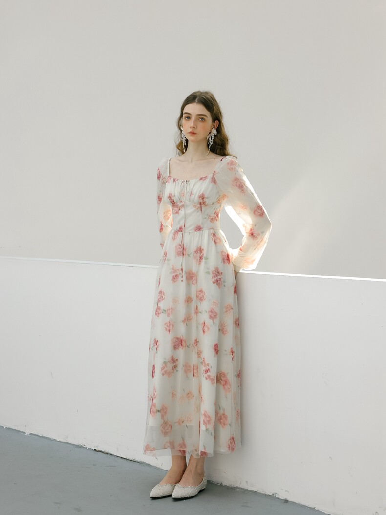 White Pink Floral Smocked High Waist Dress