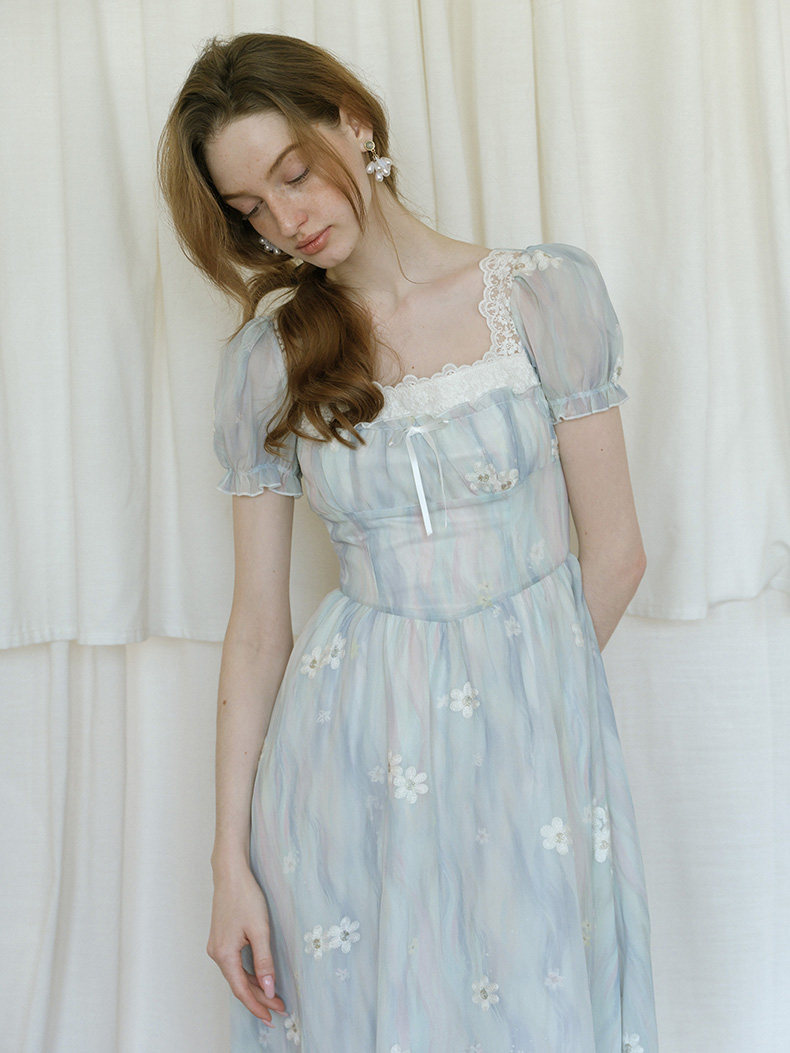 Lace Square Neck Puff Sleeve Blue Floral Dress