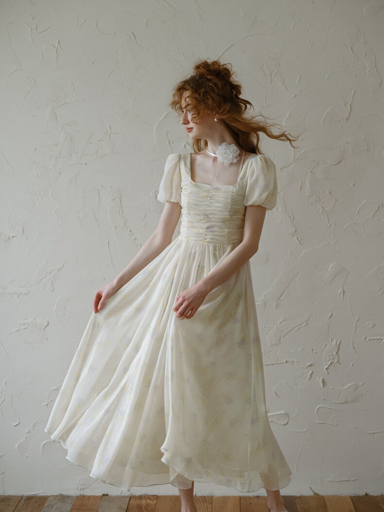Square Neck Smocked Puff Sleeve Cream Dress