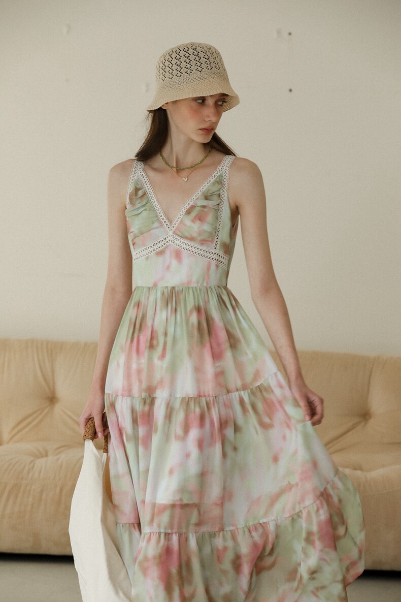 V-Neck Lace Trim Tiered Slip Watercolor Maxi Dress