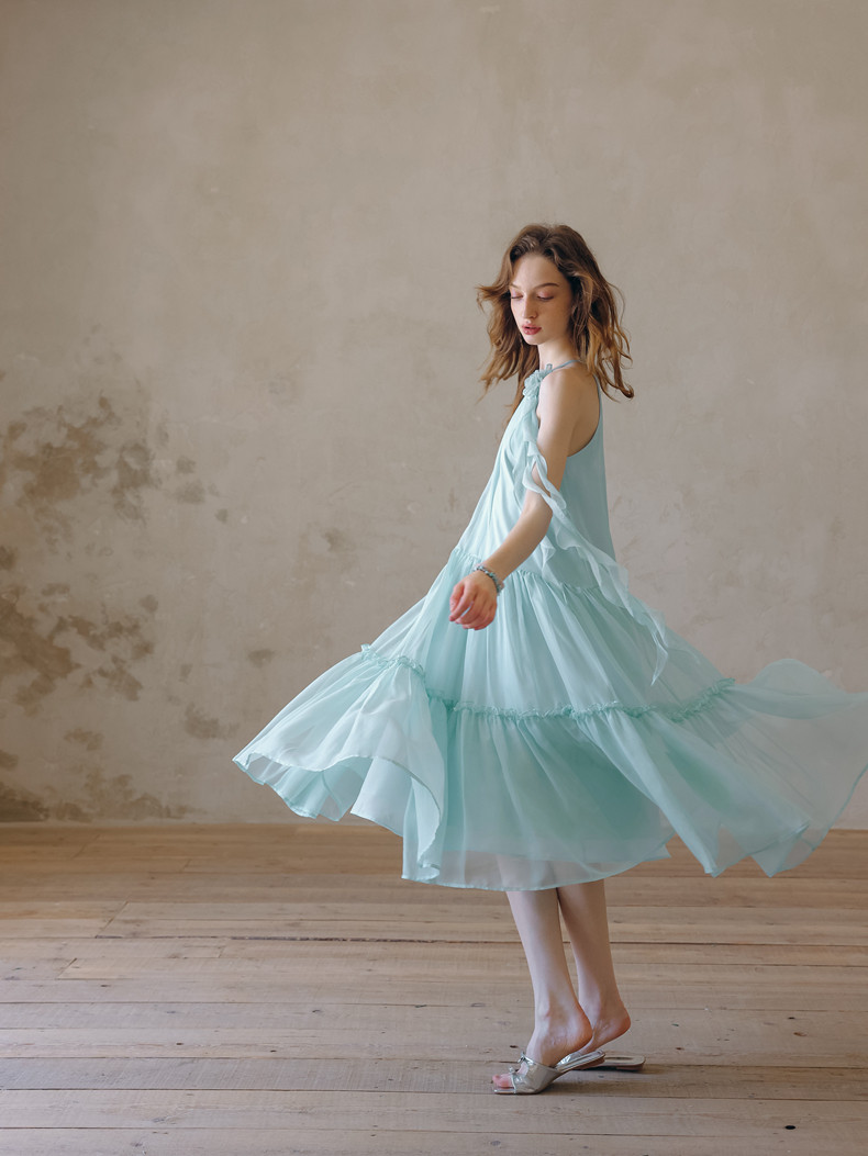 Light Blue Sleeveless Tiered Chiffon Dress