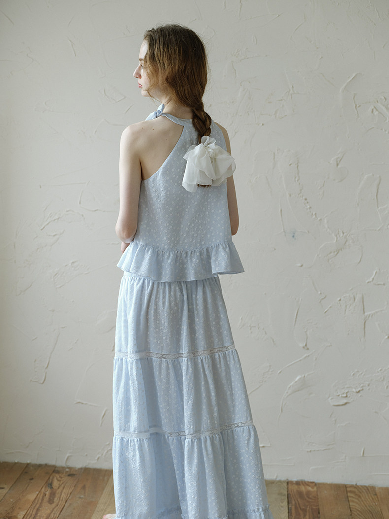 Light Blue Halter Ruffle Top Tiered Skirt Set