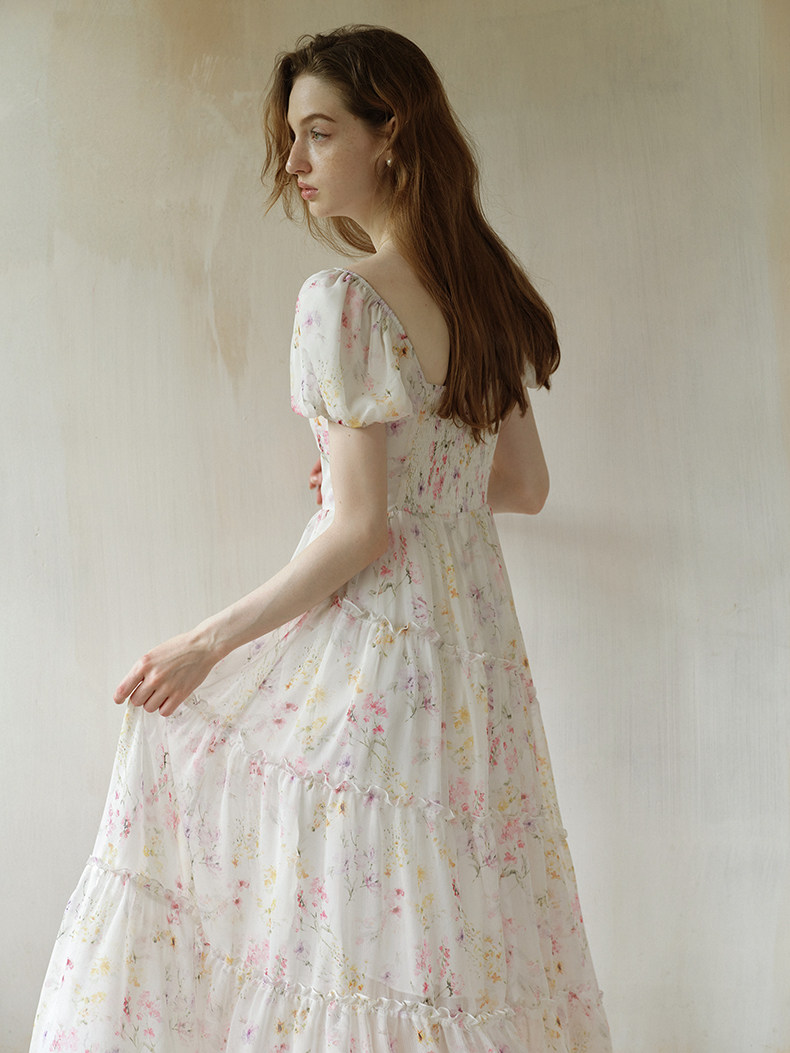 White Floral Puff Sleeve Tiered Maxi Dress