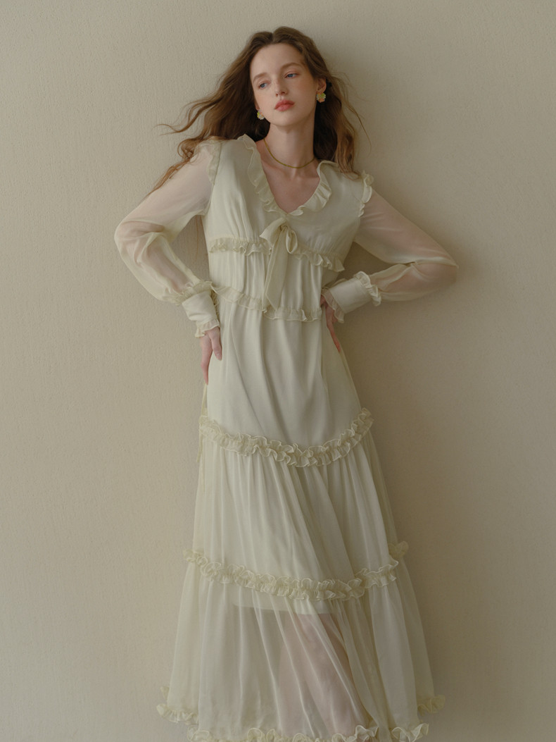 Buy Elegant Ruffle Long Sleeve Dress - Megustas