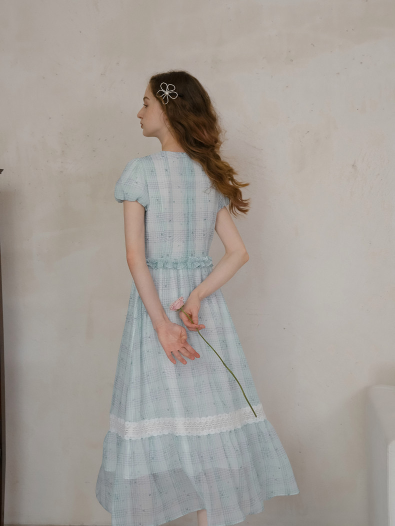 Light Blue Plaid Lace Neck Puff Sleeve Dress