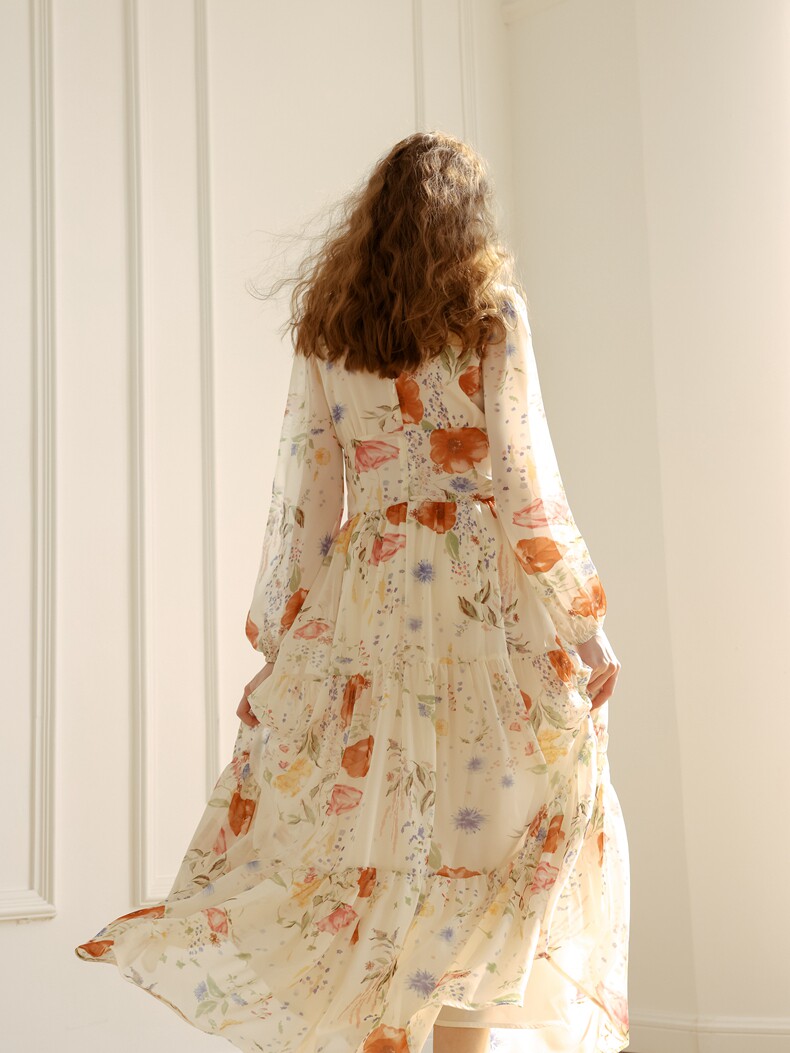Buy Elegant Floral Long-Sleeve Chiffon V-Neck Dress - Megustas