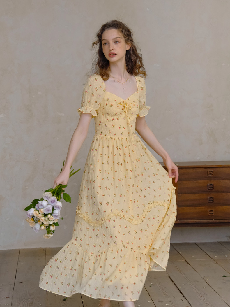 Buy Vintage Yellow Floral Slim-Fit Maxi Dress - Megustas