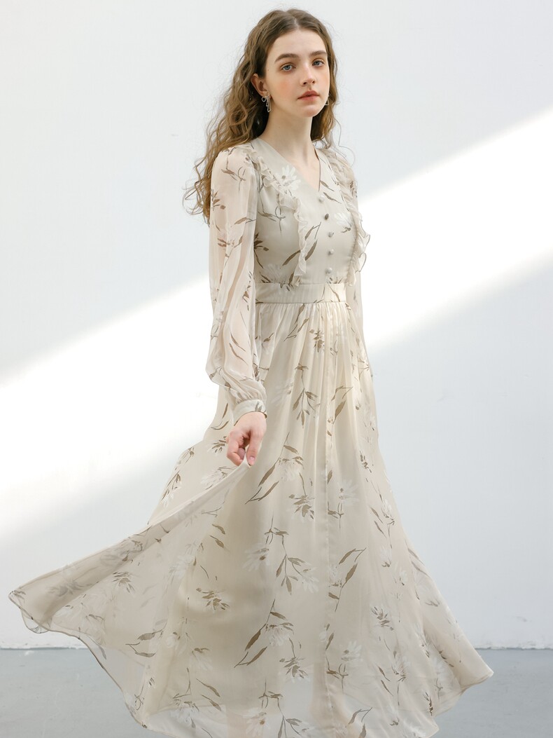Buy Beige Floral Chiffon Dress V-Neck Ruffle Trim Long Sleeve - Megustas