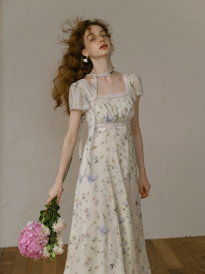 Buy Vintage Lace Floral Dress, High Waist Flowy Midi Dress - Megustas