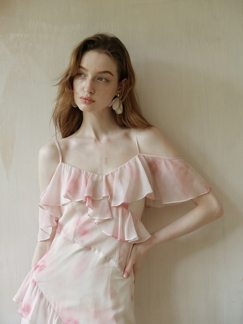 Pink Watercolor Ruffle Slip Dress