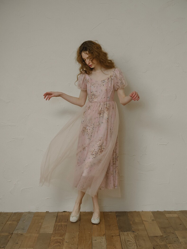 Sheer Mesh Floral Puff Sleeve Pink Dress