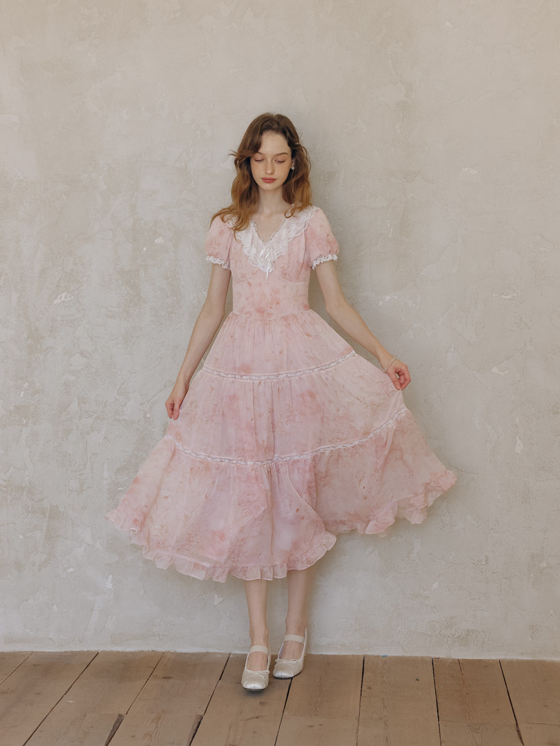 Lace Trim Puff Sleeve Pink Midi Dress