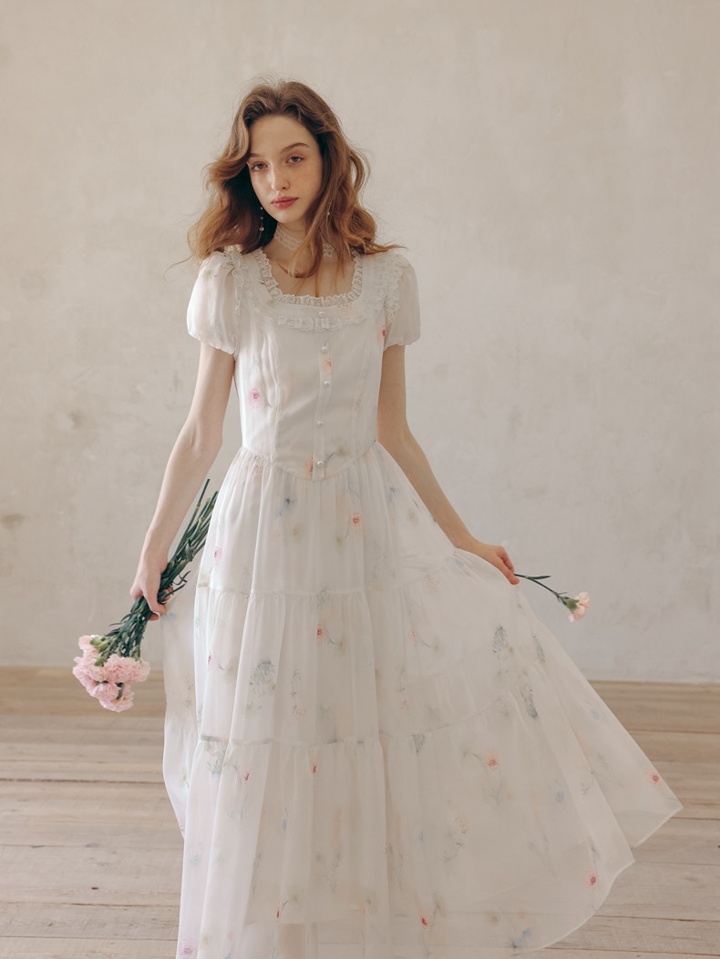 Lace Collar Puff Sleeve Tiered White Dress