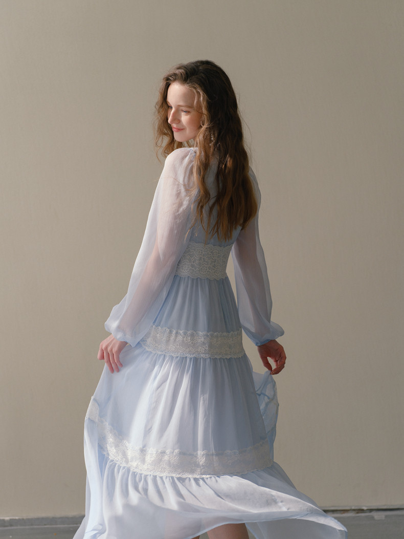 Light Blue Lace Trim Tiered A-Line Maxi